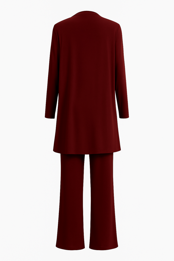 Effortlessly stylish women's three-piece outfit: open cardigan, tank, & chic wide-leg trousers.