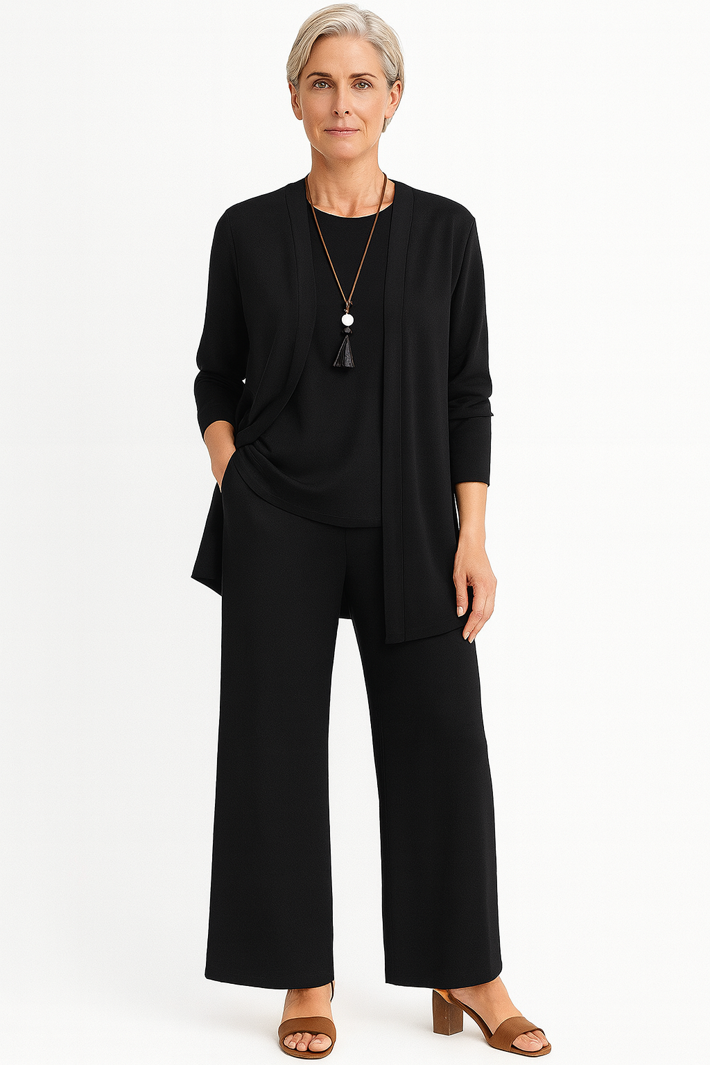 Stylish women's layered look: open front cardigan, matching tank, & comfy wide leg pants set. Versatile.