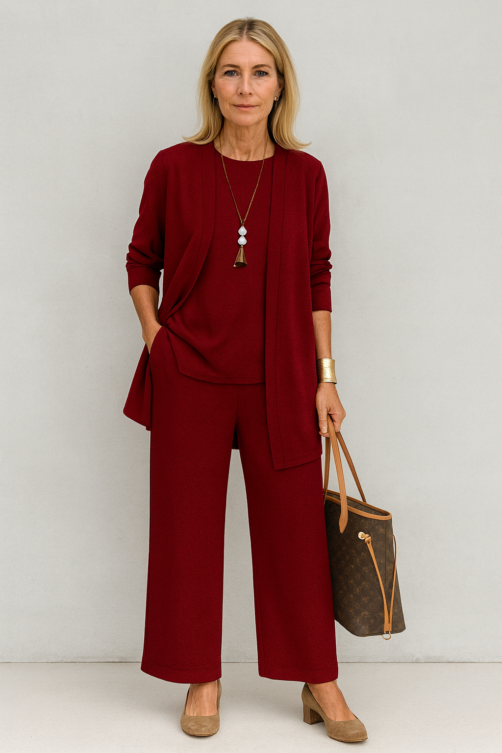 Casual yet chic women's clothing set: open cardigan, sleeveless tank top, & flowy wide leg trousers.