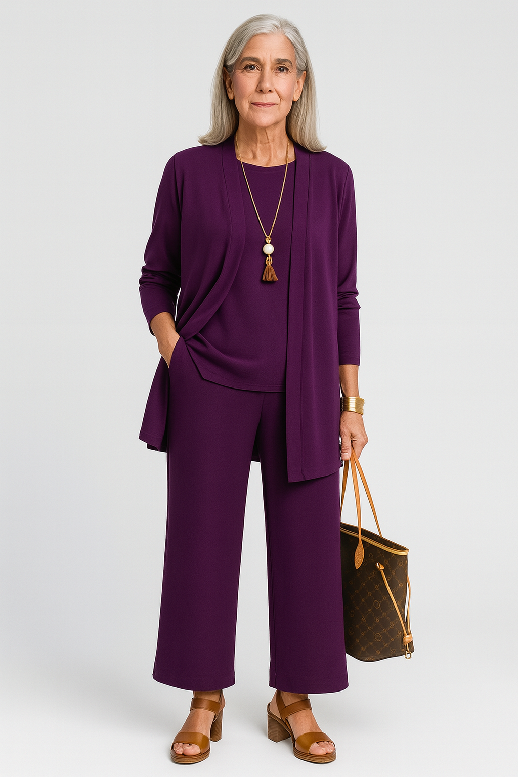 Women's open front cardigan, tank top, & wide leg pants. Versatile three-piece clothing set.