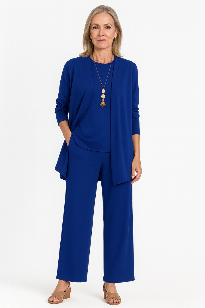 Versatile women's three-piece set: comfy open cardigan, basic tank, & elegant wide leg pants.