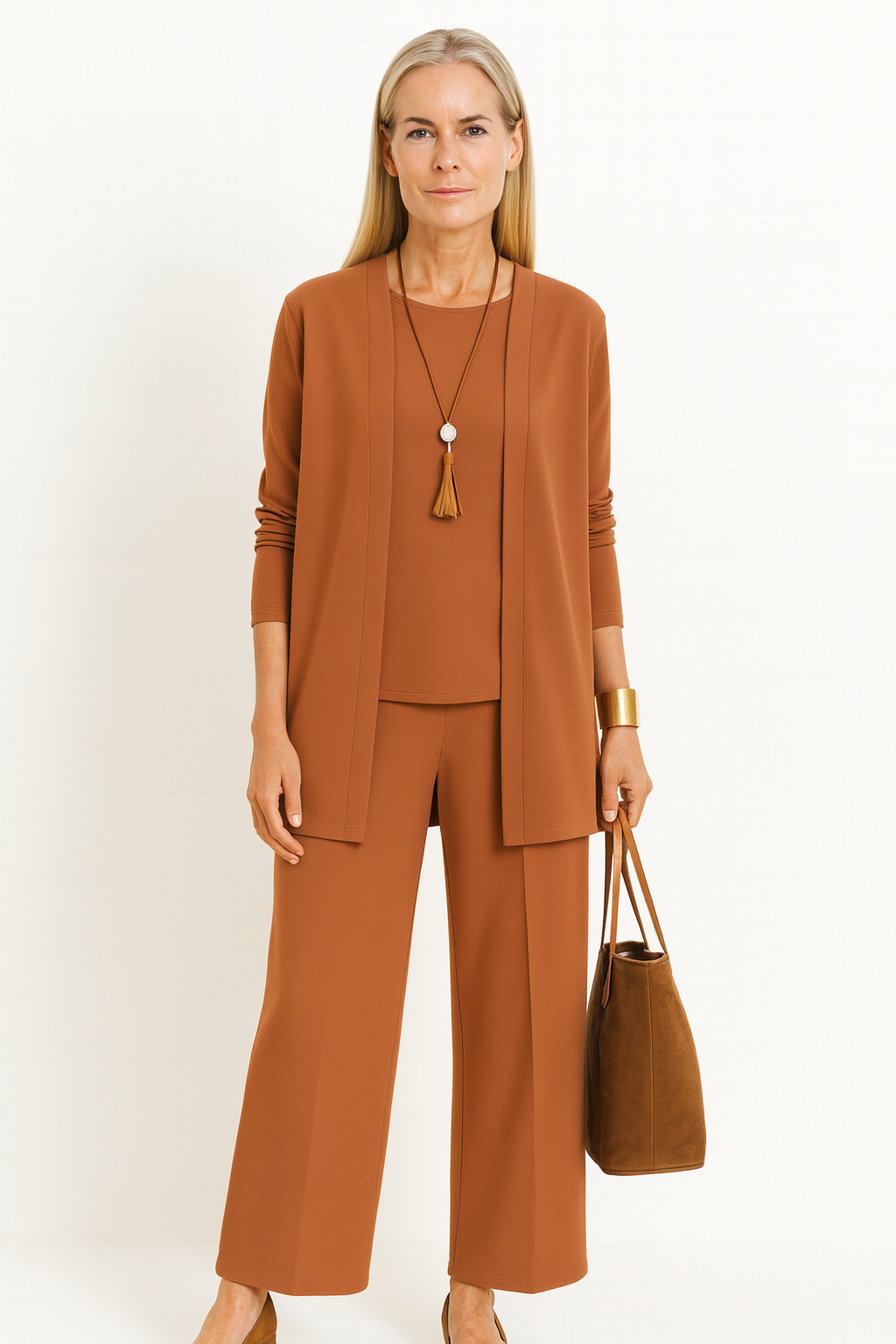 Women's stylish three-piece outfit: open knit cardigan, matching tank, & comfortable wide leg pants.