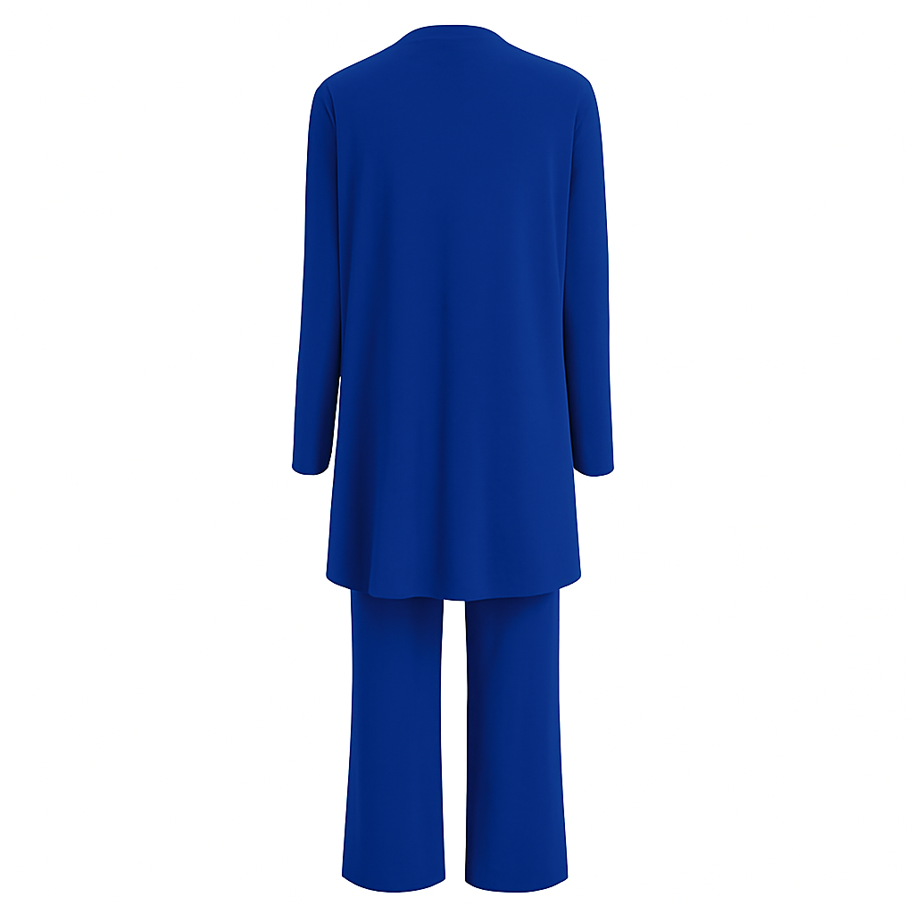 Modern women's layered fashion: open front cardigan, simple tank, & elegant wide leg trousers set.