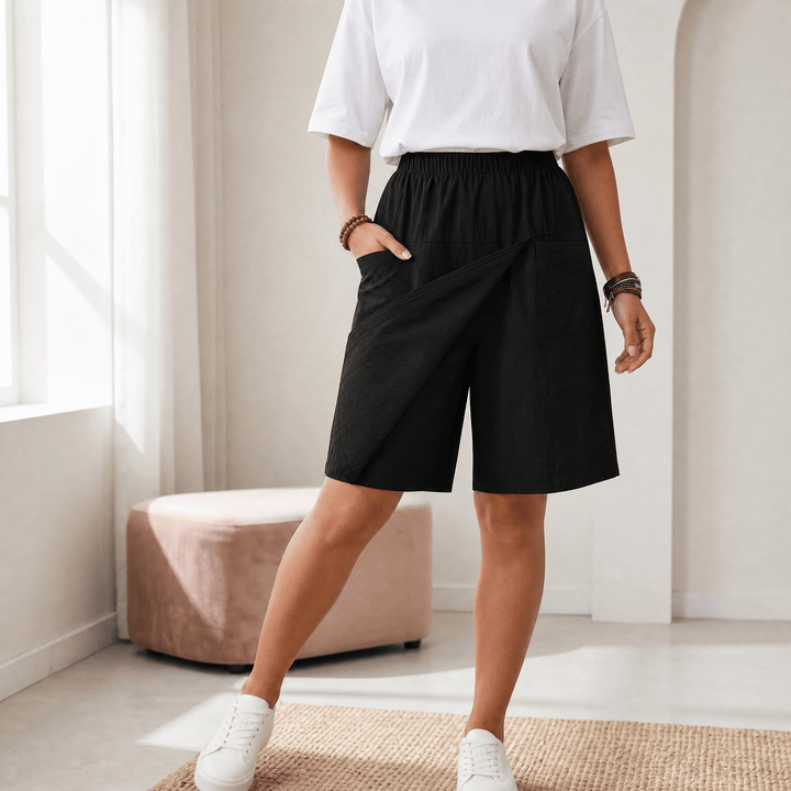 Modern women's wide-leg wrap-front skort, offering both comfort and style.