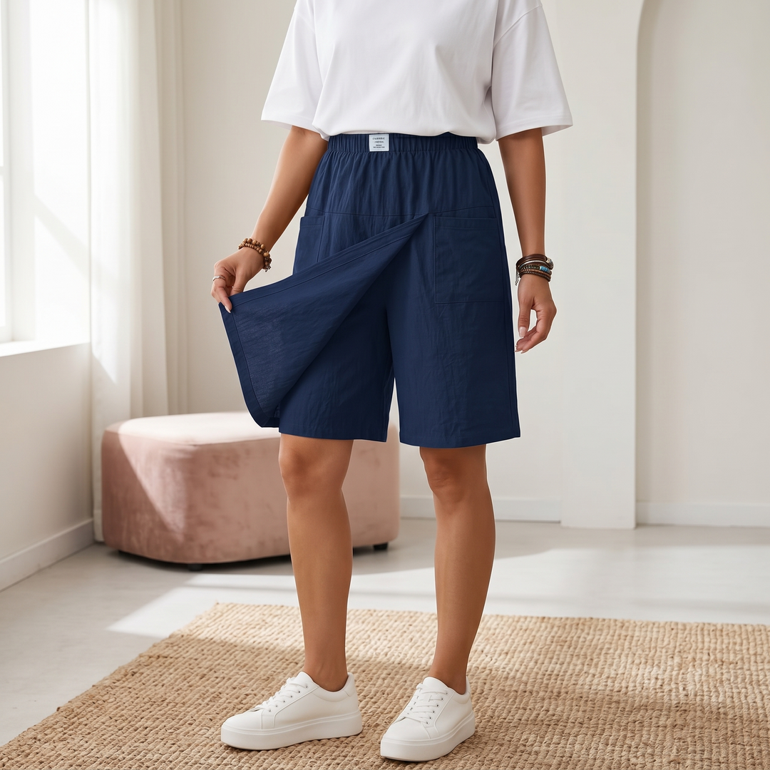 Comfortable women's pull-on skort with elastic waist and wide legs.