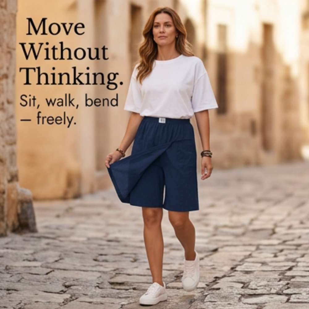 Women's knee-length wide-leg skort featuring a stylish wrap front.