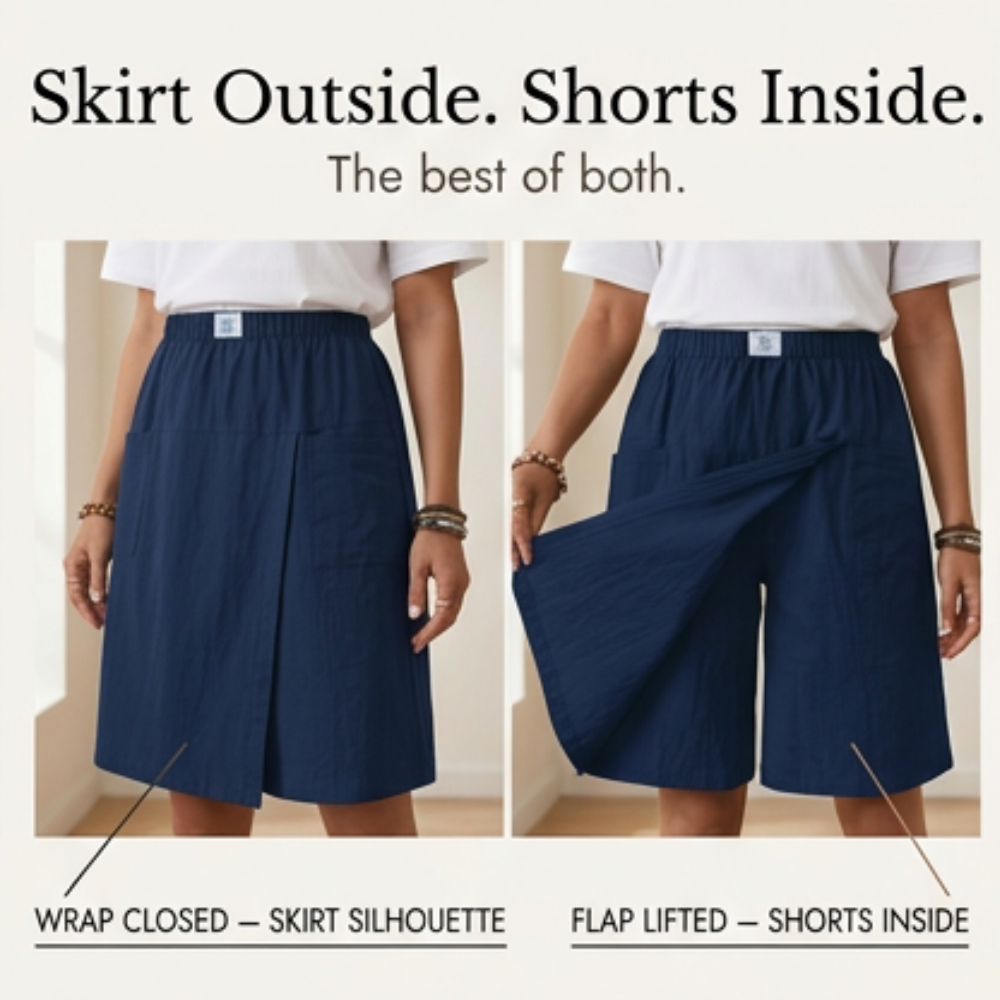Women's wide-leg wrap-front skort for comfortable summer fashion.