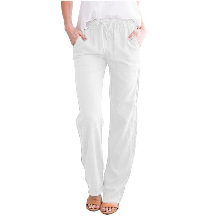 Breathable women's summer pants, lightweight material, and relaxed fit for warm weather style.