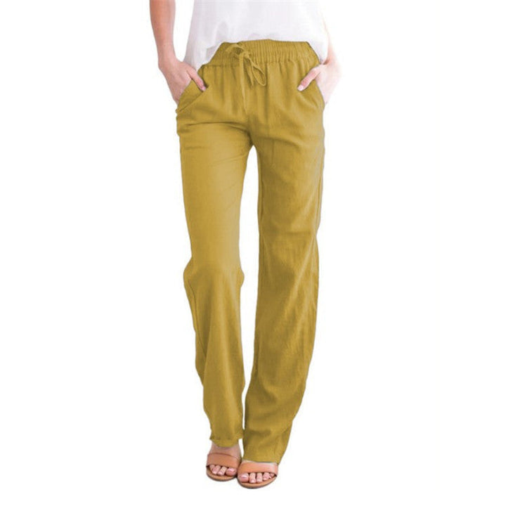 Fashionable women's relaxed fit pants, lightweight fabric, and elastic waist for summer style.