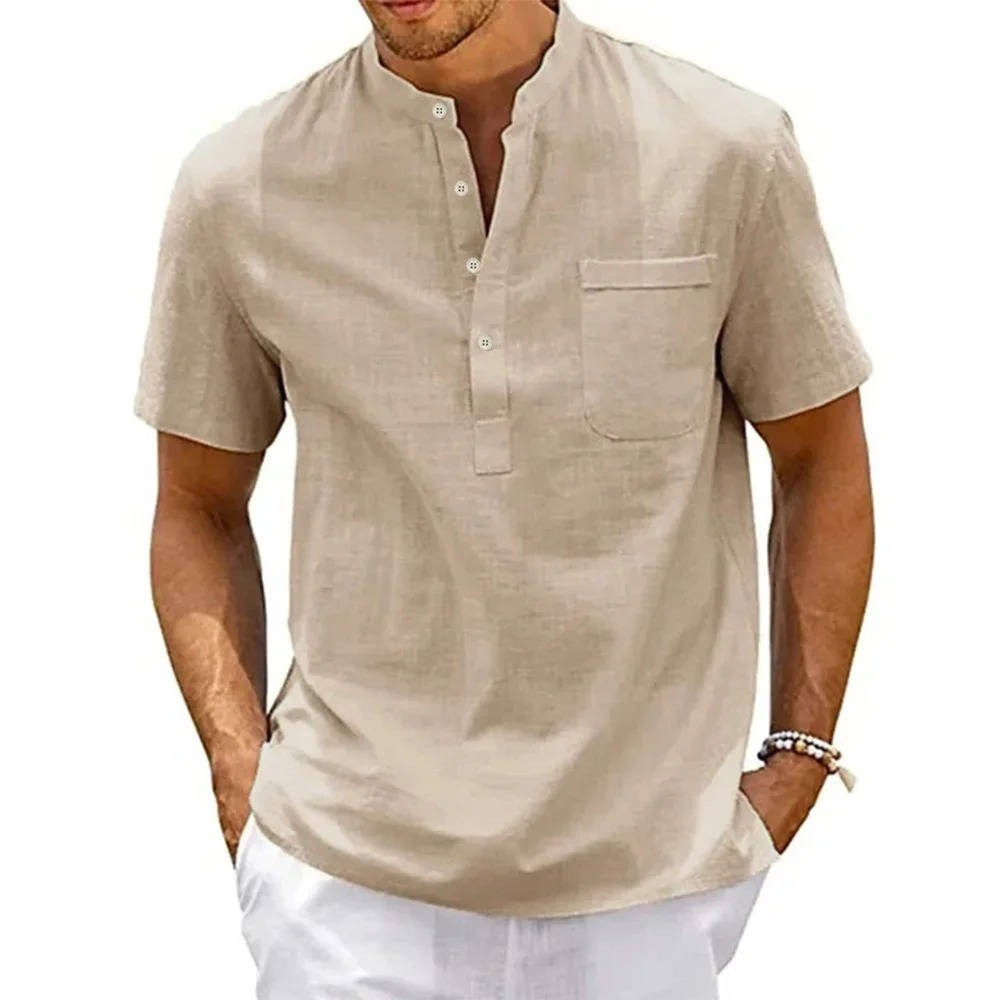 Men's short sleeve henley shirt with band collar, perfect for casual summer wear & warm weather fashion.