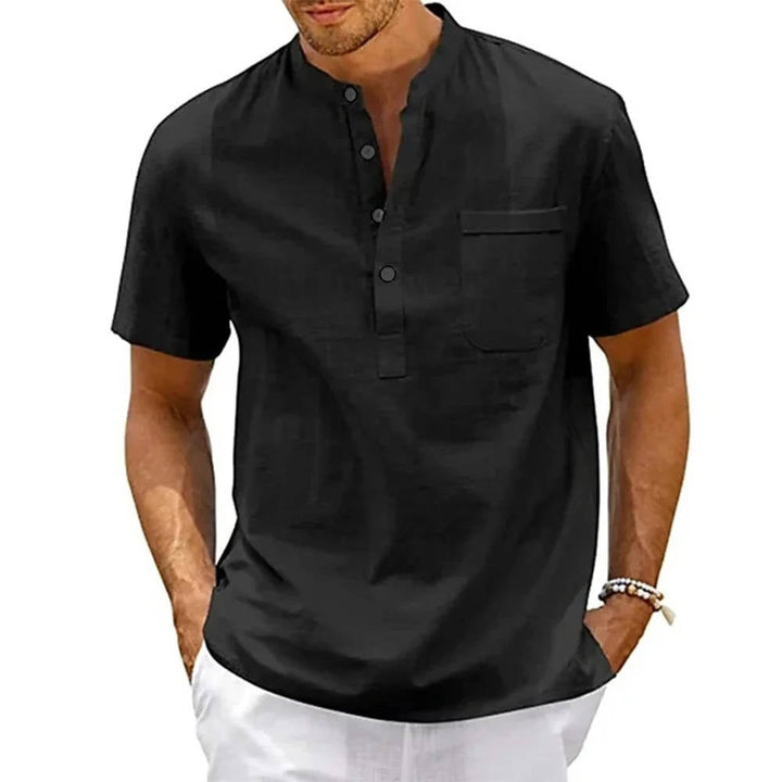 Comfortable men's short sleeve henley band collar shirt, versatile for everyday casual wear.