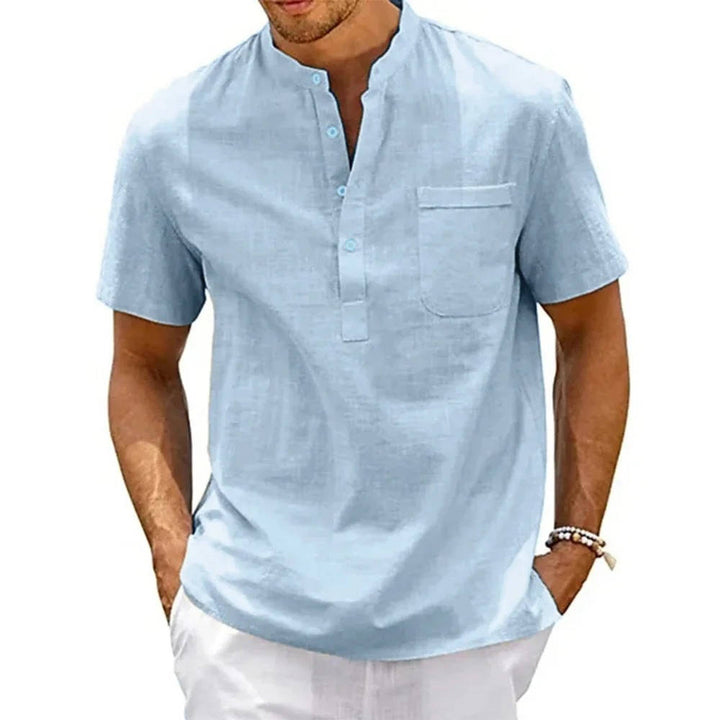 Stylish men's short sleeve henley button shirt, featuring a modern band collar for summer fashion.