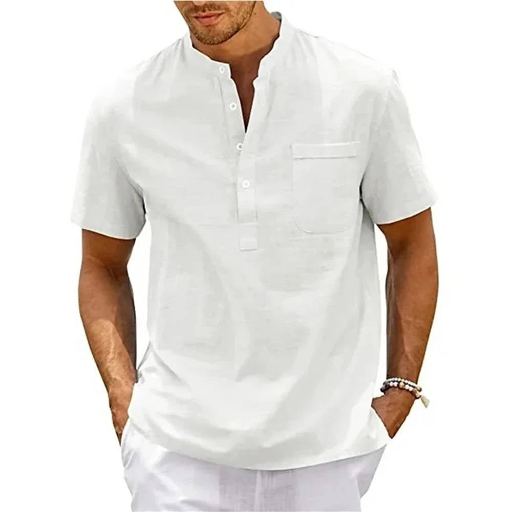 Men's short sleeve henley band collar shirt, showing a relaxed fit, perfect for casual summer fashion.