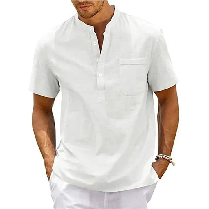 Men's short sleeve henley band collar shirt, showing a relaxed fit, perfect for casual summer fashion.