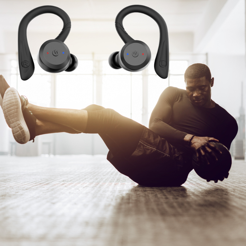 Comfortable sport earbuds, wireless and waterproof, designed for active fitness. Enjoy 20 hours of music.