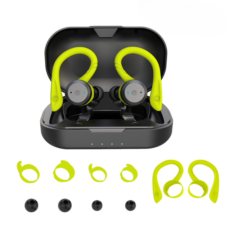 High-performance wireless waterproof earbuds, perfect for swimming, gym, and outdoor sports. Features 20-hour battery.