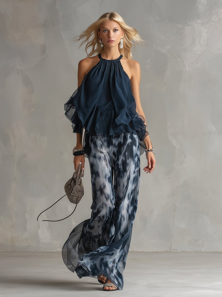 Chic women's halter neck & wide leg pants coordinated set, perfect for stylish casual summer wear.