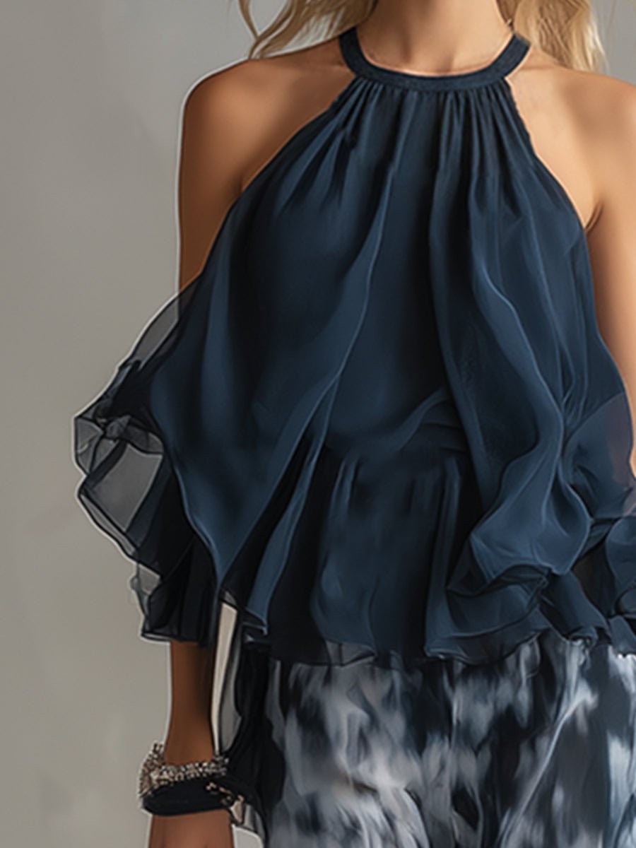 Stylish women's wide leg pants and halter neck top two-piece, a perfect navy blue summer ensemble.
