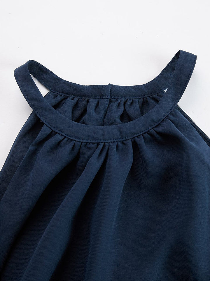 Women's navy blue halter neck top & wide leg pants set, excellent for chic summer or vacation outfits.