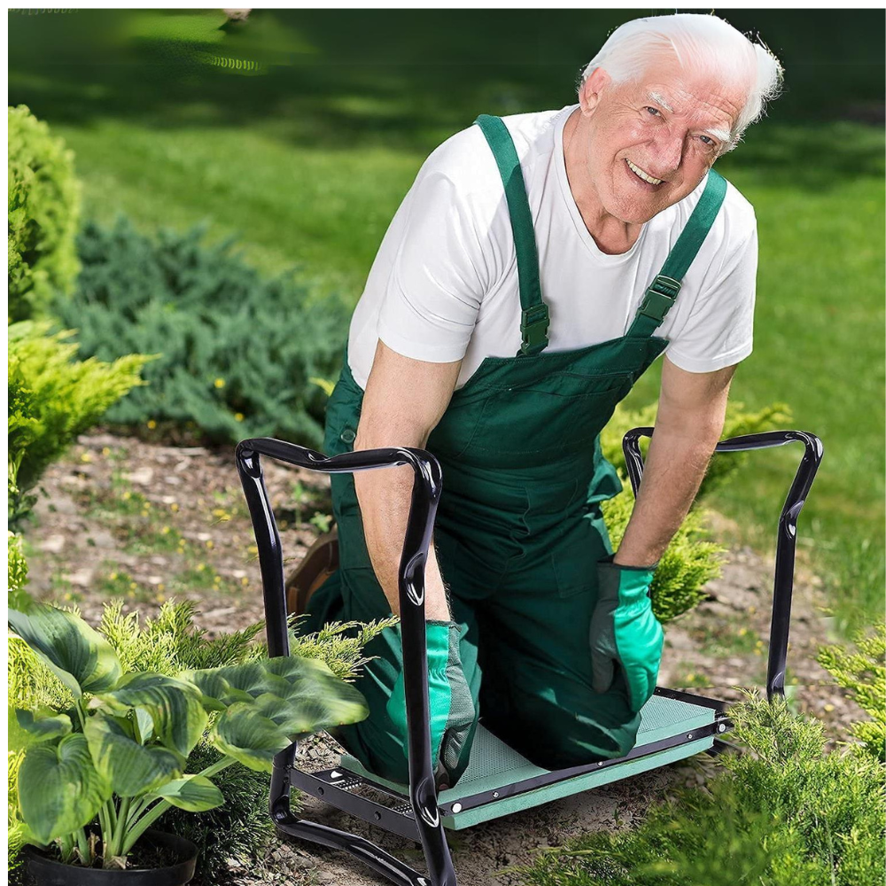 Unisex garden kneeler transforms into a comfortable seat. Padded for knees, perfect for weeding & lawn care.