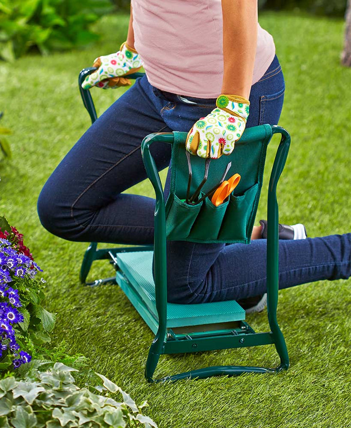 Comfortable padded garden kneeler & seat for long gardening tasks. Reduces knee strain during backyard work.
