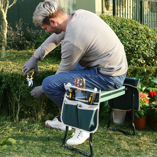 Two-in-one garden accessory: a soft padded kneeler and sturdy outdoor seat for all your gardening needs.