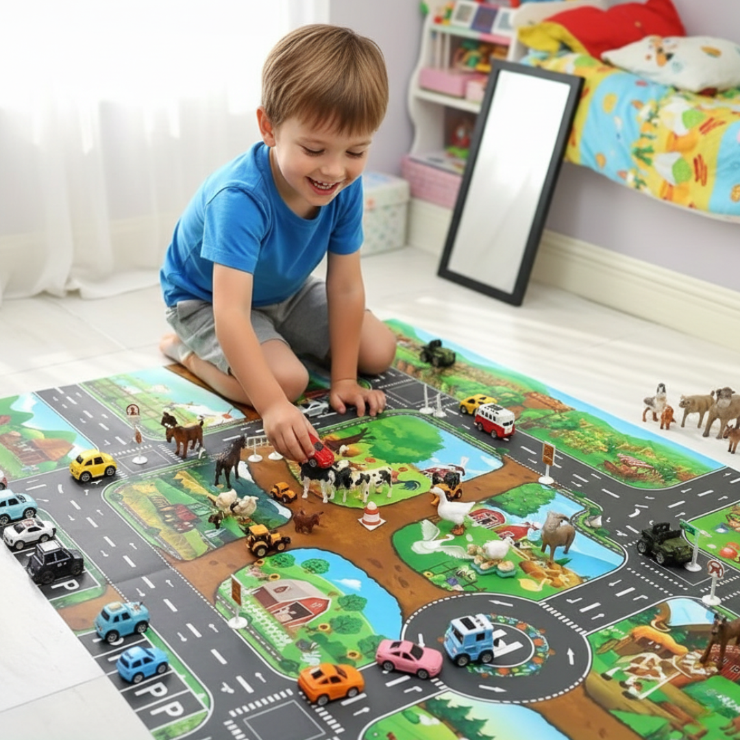 Vibrant farm and road kids play mat for interactive learning and imaginative play.