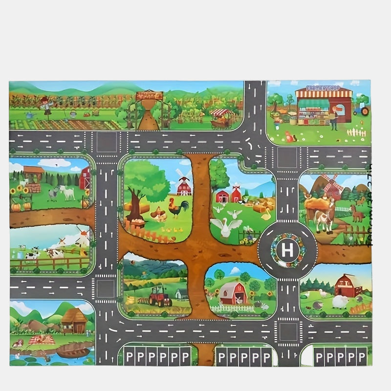 Children's activity mat featuring a colorful farm scene and road design.