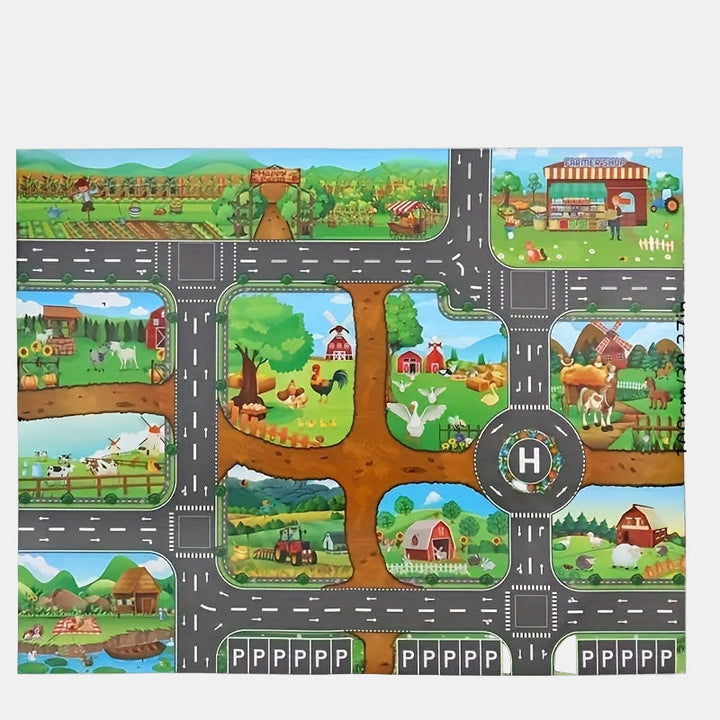 Children's activity mat featuring a colorful farm scene and road design.