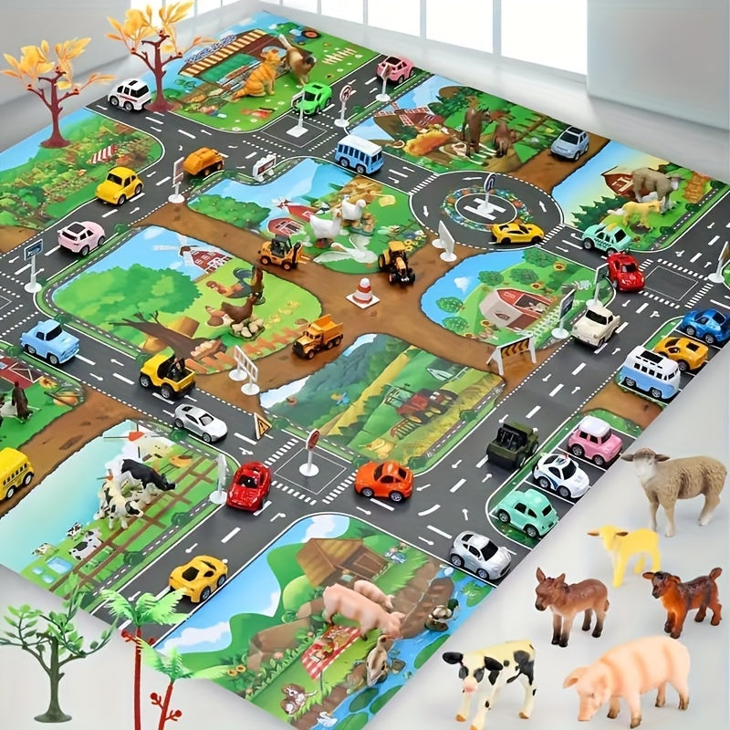 Educational play mat for toddlers, combining farm and road themes for fun.