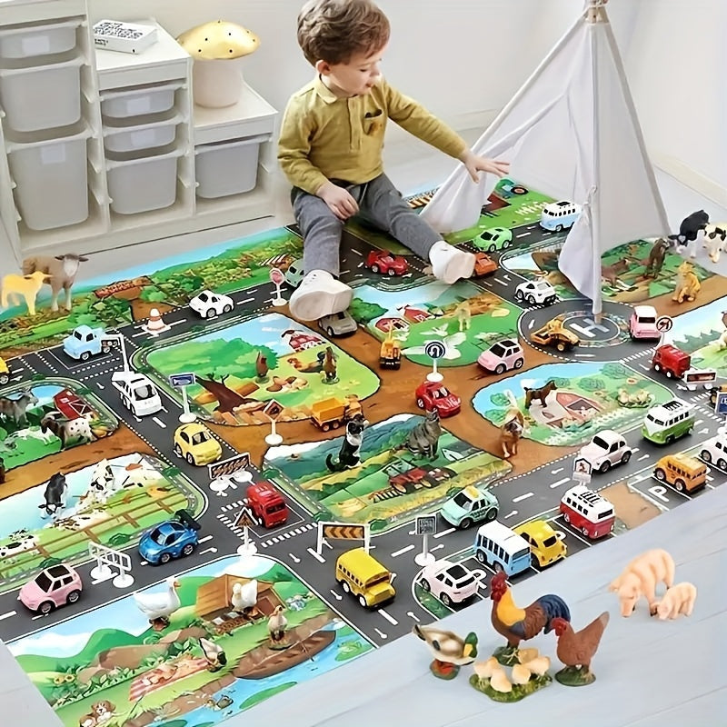 Interactive learning rug for kids, perfect for toy cars and farm animal figures.