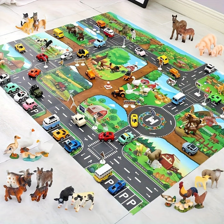 Farm theme kids rug with roads, ideal for developing fine motor skills and creativity.