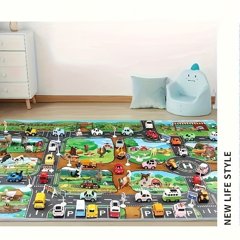 Durable children's decor play mat, designed for hours of engaging farm and road adventures.