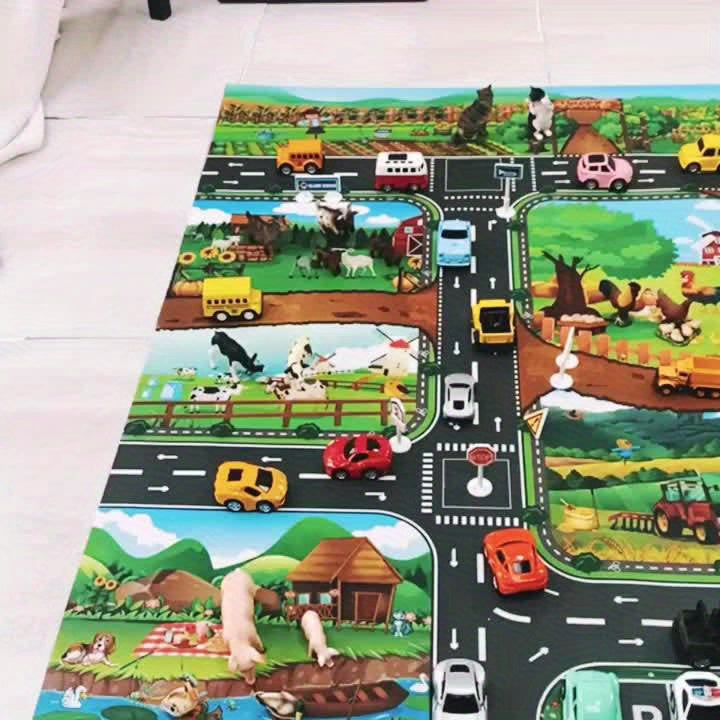 Bright and colorful kids play mat with farm animals and a road network for educational fun.