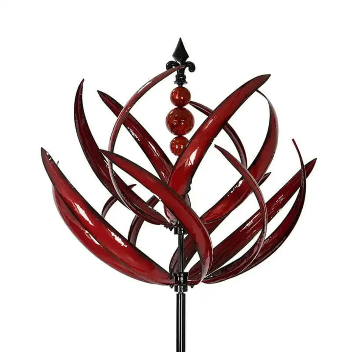 Vibrant red & blue kinetic wind spinner sculpture, modern metal art for outdoor garden decor & yard ornament.