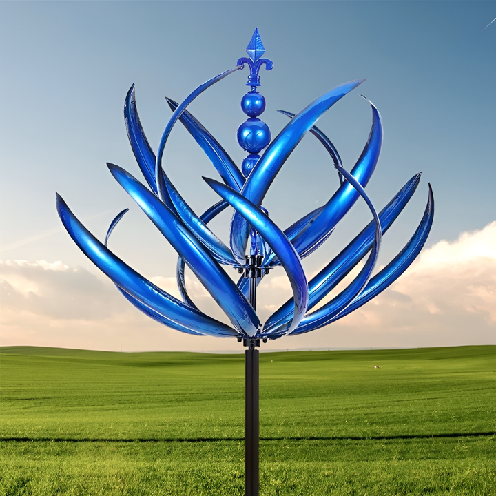 Elegant kinetic art wind spinner, a red & blue outdoor sculpture enhancing modern garden aesthetic.