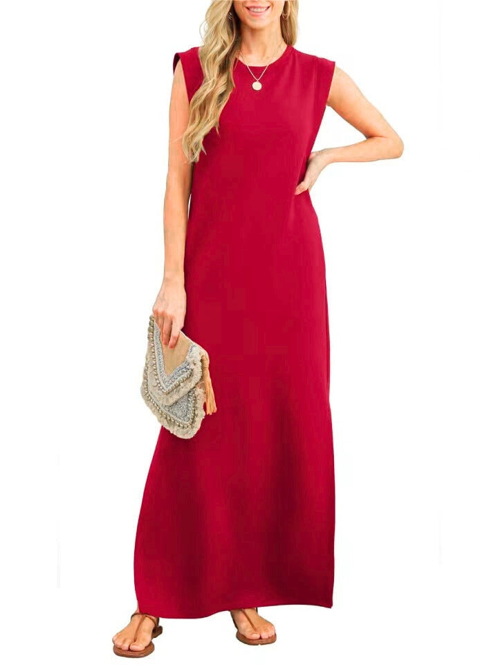 Vibrant red women's sleeveless maxi dress with a round neck, perfect for elegant summer casual wear or holidays.