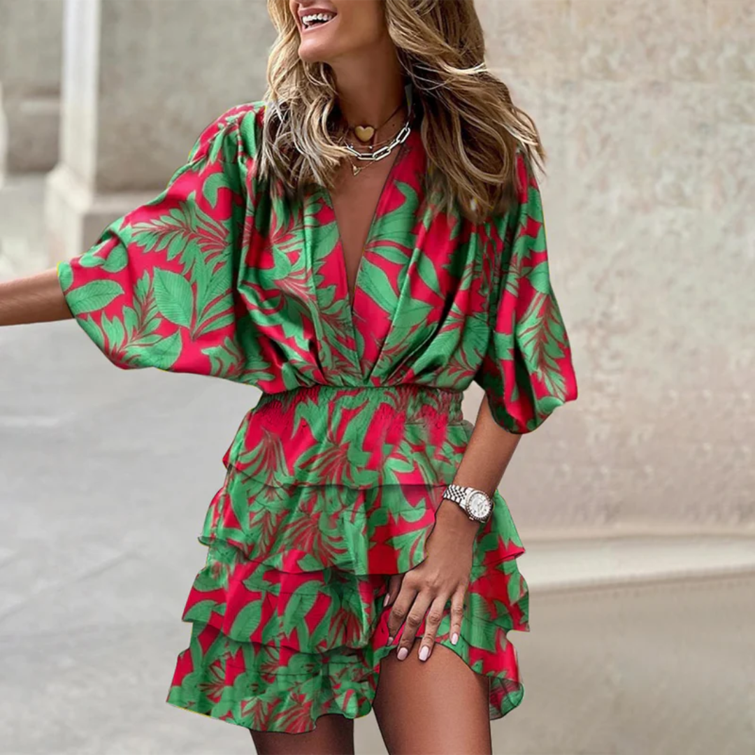 Trendy women's vibrant mini dress, playful & colorful. Chic short dress for summer fashion & parties.
