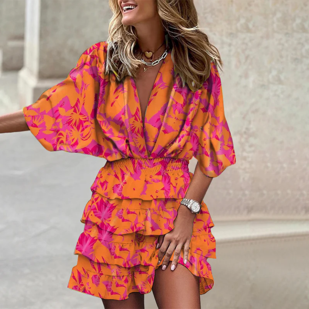Fashionable women's vibrant mini dress, chic & trendy. Playful short dress for summer apparel or parties.