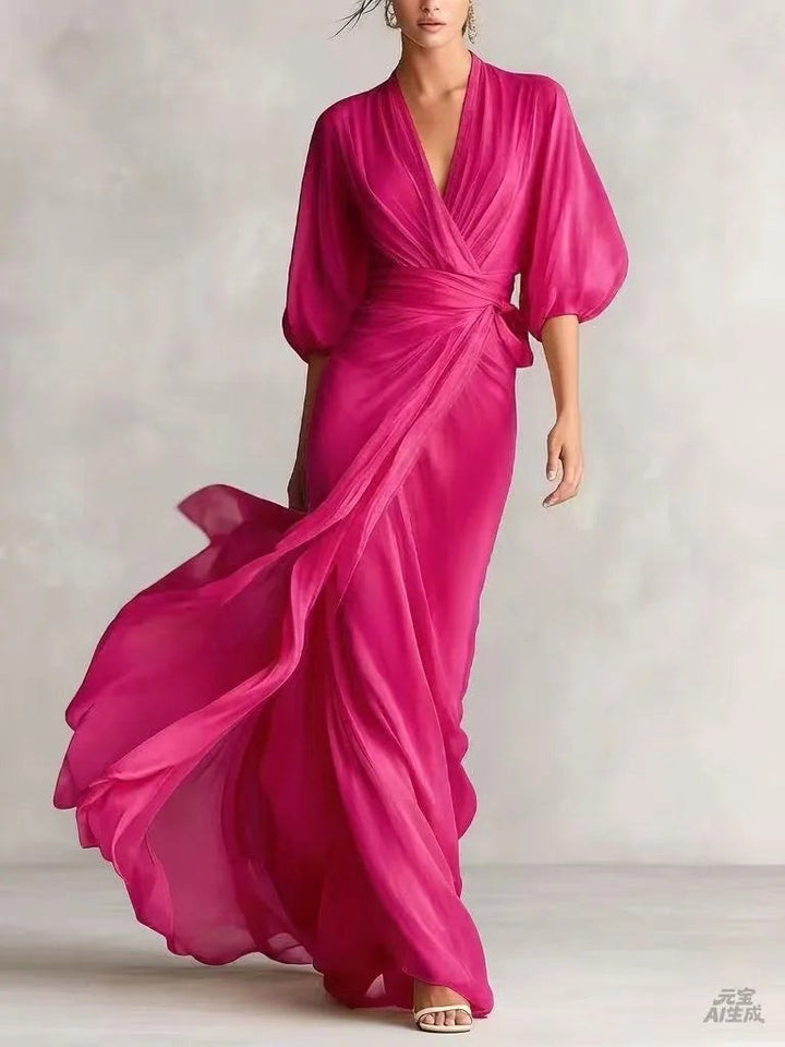 Flattering V-neck midi dress for women, versatile for summer parties, spring events, or casual outings.