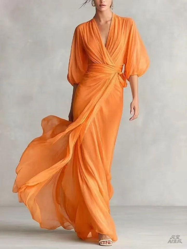 Casual yet chic V-neck midi dress for women, perfect as a comfortable summer or holiday dress.