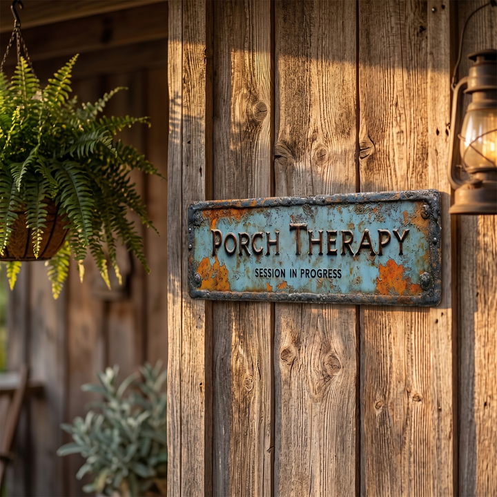 Vintage Farmhouse Porch Therapy Metal Wall Sign, rustic decor for outdoor living spaces.