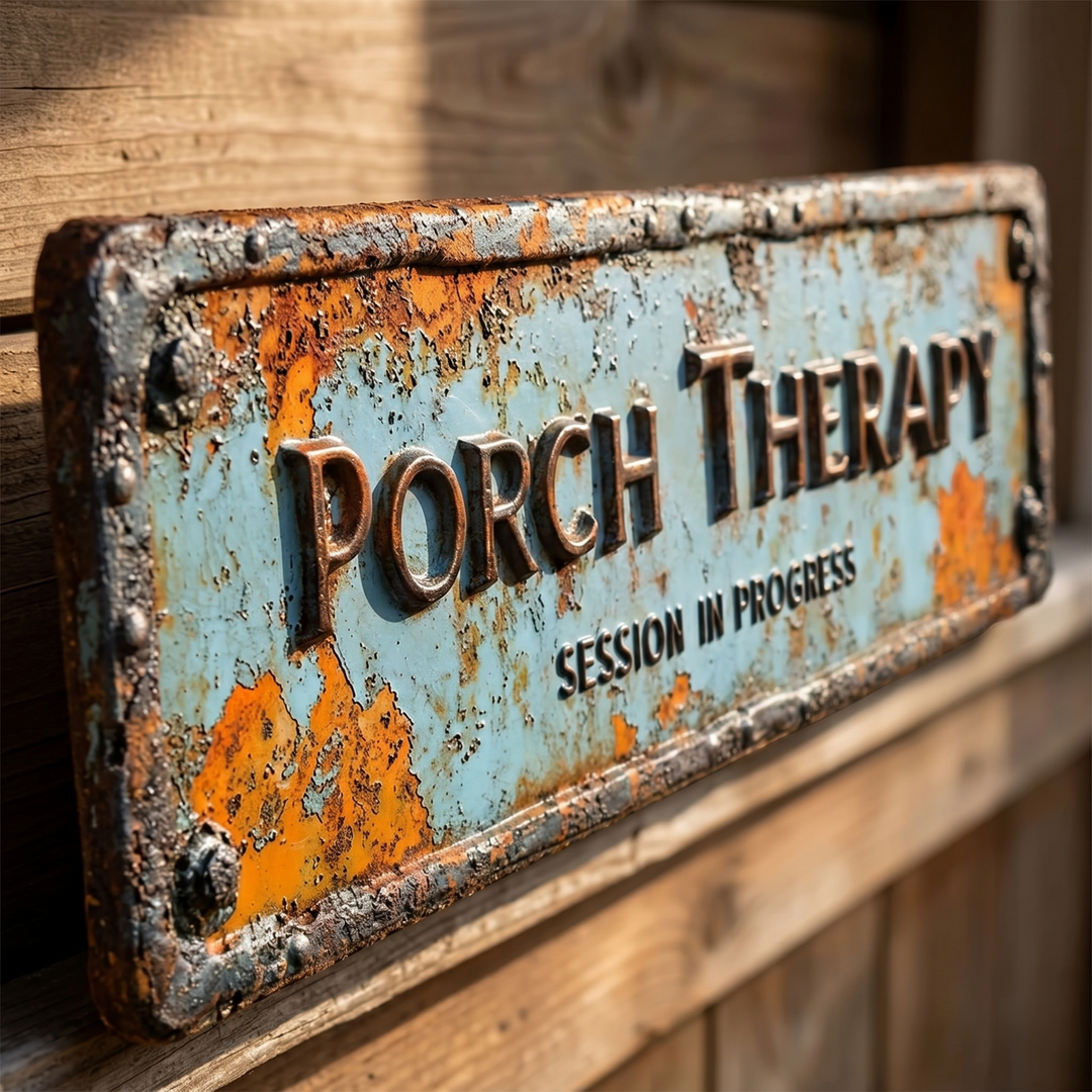 Distressed vintage metal 'Porch Therapy' sign, weather-resistant farmhouse wall art for rustic homes.