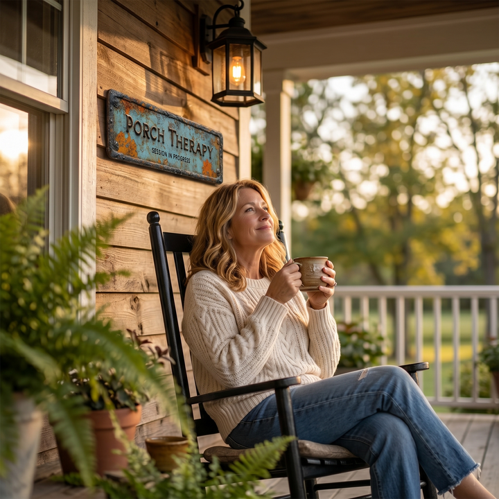 Rustic farmhouse porch therapy metal sign, a vintage home accent & wall art for outdoor living areas.