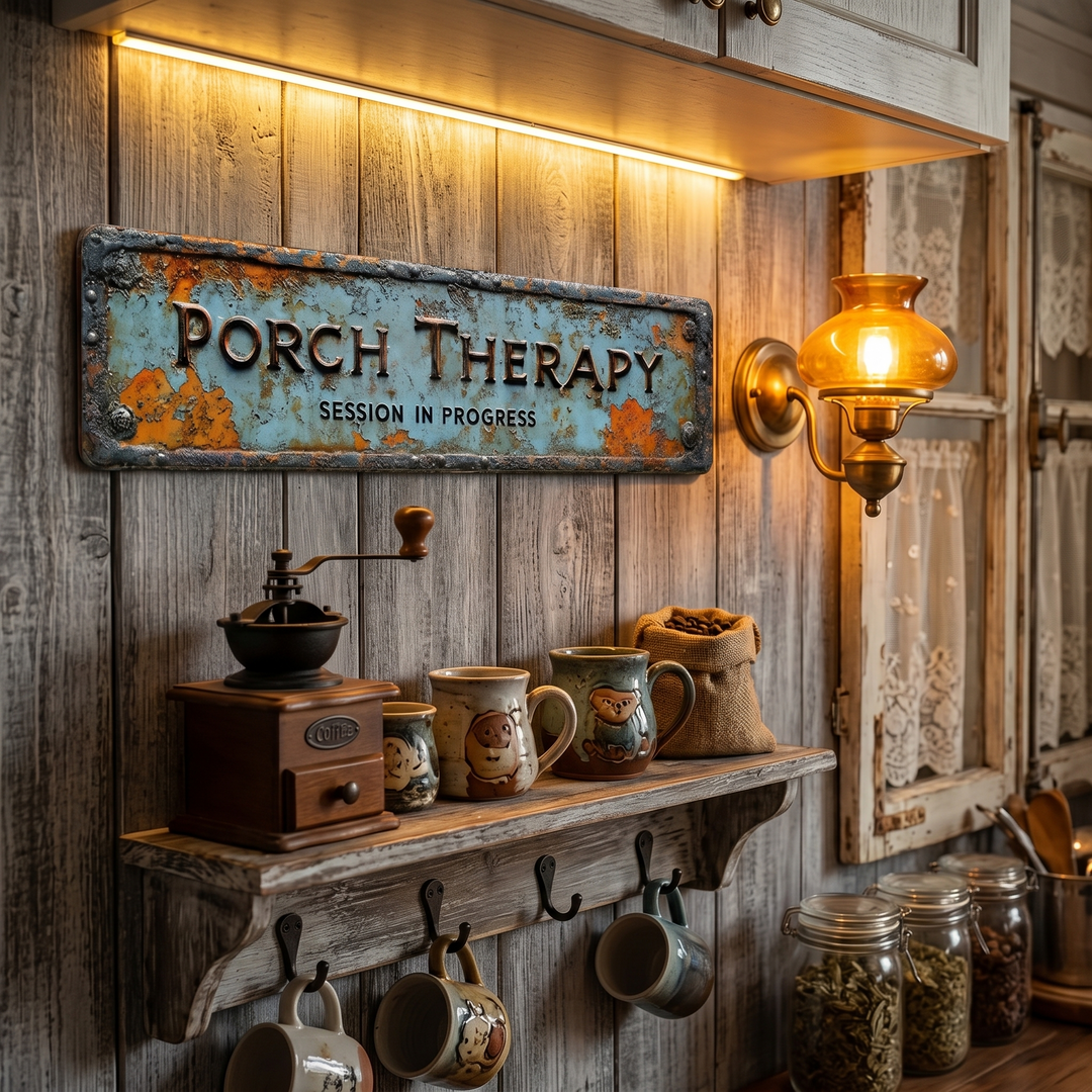 Farmhouse porch therapy metal sign, vintage wall art for relaxation in rustic outdoor living spaces.
