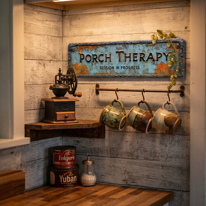 Vintage farmhouse metal plaque, 'Porch Therapy' sign, rustic wall art for outdoor living & home decor.