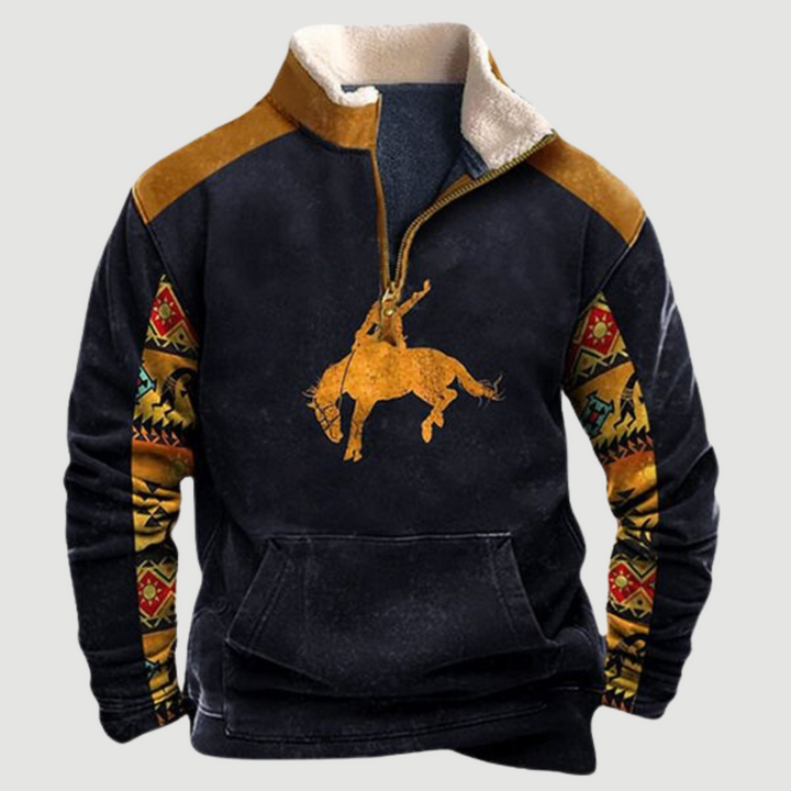 Close-up of durable zip on Felix men's vintage fleece jumper, showcasing quality winter outerwear.