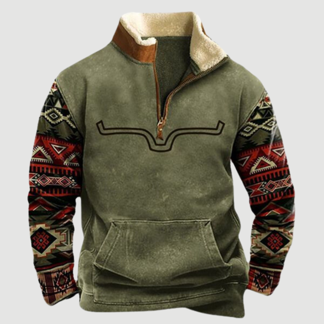 Felix men's vintage fleece zip-up jumper displayed, highlighting warm, classic winter fashion.
