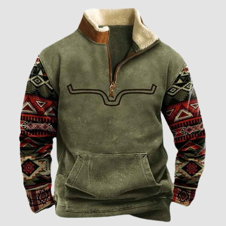 Felix men's vintage fleece zip-up jumper displayed, highlighting warm, classic winter fashion.