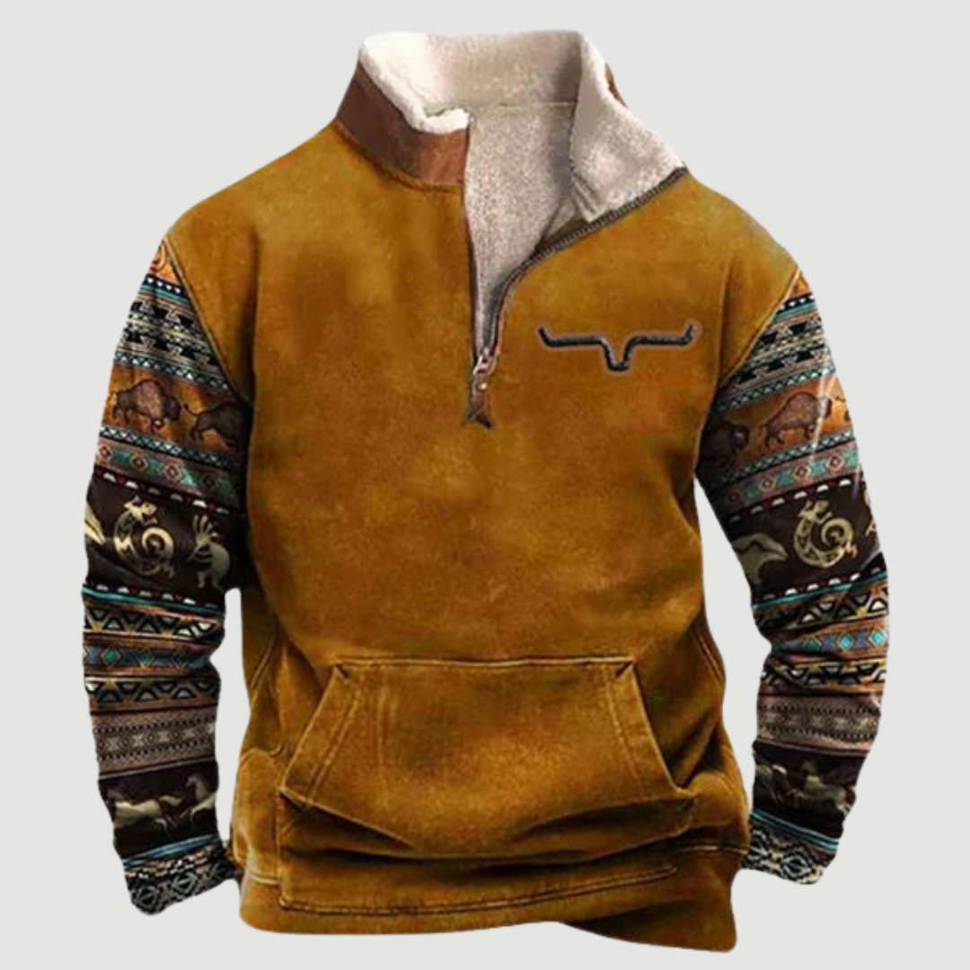 Stylish men's vintage fleece zip-up jumper, perfect for classic cold weather outerwear & casual fashion.